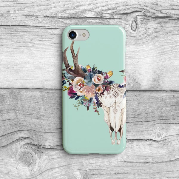 Boho Phone Case, Feather Deer Skull, Rustic Chic iPhone 6 7 8 Case Samsung Galaxy S8 Watercolor Flowers Antler Phone Case, Mint Country Chic