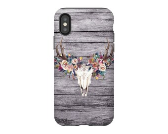 Feathered Deer Skull Phone Case: Boho Watercolor Flowers