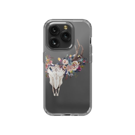 Boho Deer Skull Clear Phone Case: Floral Feathers Design