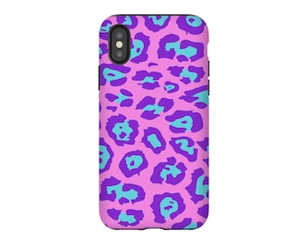 Coque de portable léopard, iPhone 6 7 8 X, LG V30, Google Pixel 2 XL, Samsung Galaxy S8, coque de portable sexy, imprimé animal rétro années 80, rose violet bleu