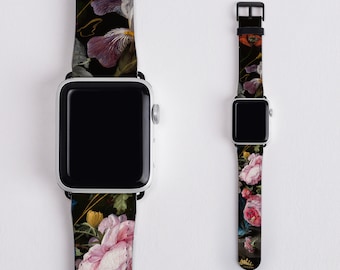 Dark Floral Apple Watch Band: Vegan Leather Flower Print Strap