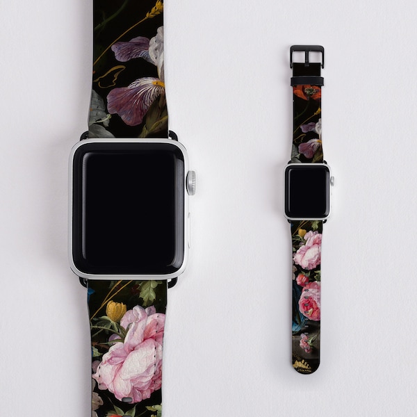 Dark Floral Apple Compatible Watch Band, Flower Band, Watch Strap, Series 4 5 6 7, Vegan Leather, Still Life Floral Print, Rose Watch Strap