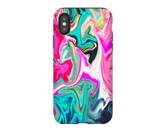 Coque de portable marbre, peinture abstraite, coque pour iPhone 6 7 8 X, Samsung Galaxy S8, tourbillon d'encre, coque marbrée, coque rigide rose, cadeau pour elle