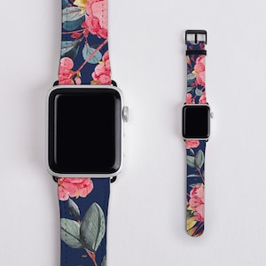 Floral Apple Compatible Watch Band, Pink Flower Band, Watch Strap, Series 3 4 5 6 7, Navy Vegan Leather, Floral Print, Watercolor Hydrangea