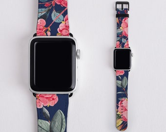Floral Apple Watch Band: Pink Hydrangea, Navy Vegan Leather