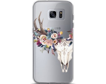 Boho Phone Case, Feather Deer Skull, iPhone 7 Plus iPhone 8 iPhone X, Samsung Galaxy S8 S9 Plus, Watercolor Flowers, Clear Phone Case