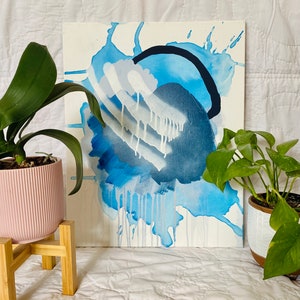 Large Abstract Acrylic Painting on stretched canvas with blue and white details