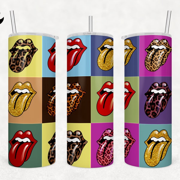 Rock and Roll Lips 20 oz Skinny Tumbler - Tongue and lips Leopard Wrap Sublimation Straight & Tapered Digital PNG