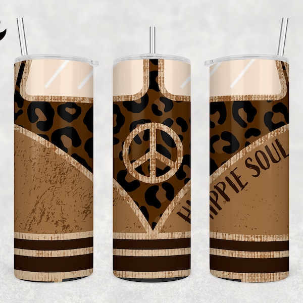 Hippie Soul 20 oz Skinny Tumbler - Peace Sign Leopard Wrap Sublimation Straight & Tapered PNG