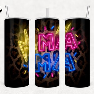 Lightning Bolt Mama 20 oz Skinny Tumbler - Leopard Neon Mama Wrap Sublimation Straight & Tapered PNG