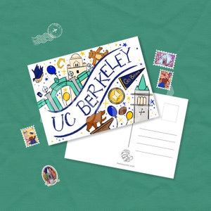 May include: A postcard featuring a colorful illustration of the UC Berkeley campus with the text "UC Berkeley" in a blue and yellow banner. The illustration includes a building, a clock tower, a bear, a book, and a banner that says "Go Bears". The back of the postcard has a blank space for writing a message.