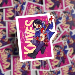 May include: A sticker featuring an anime-style character playing a red electric guitar. The character is wearing a blue jacket, purple pants, and black boots. The sticker has a pink background with the word "KNIVES" in large letters.