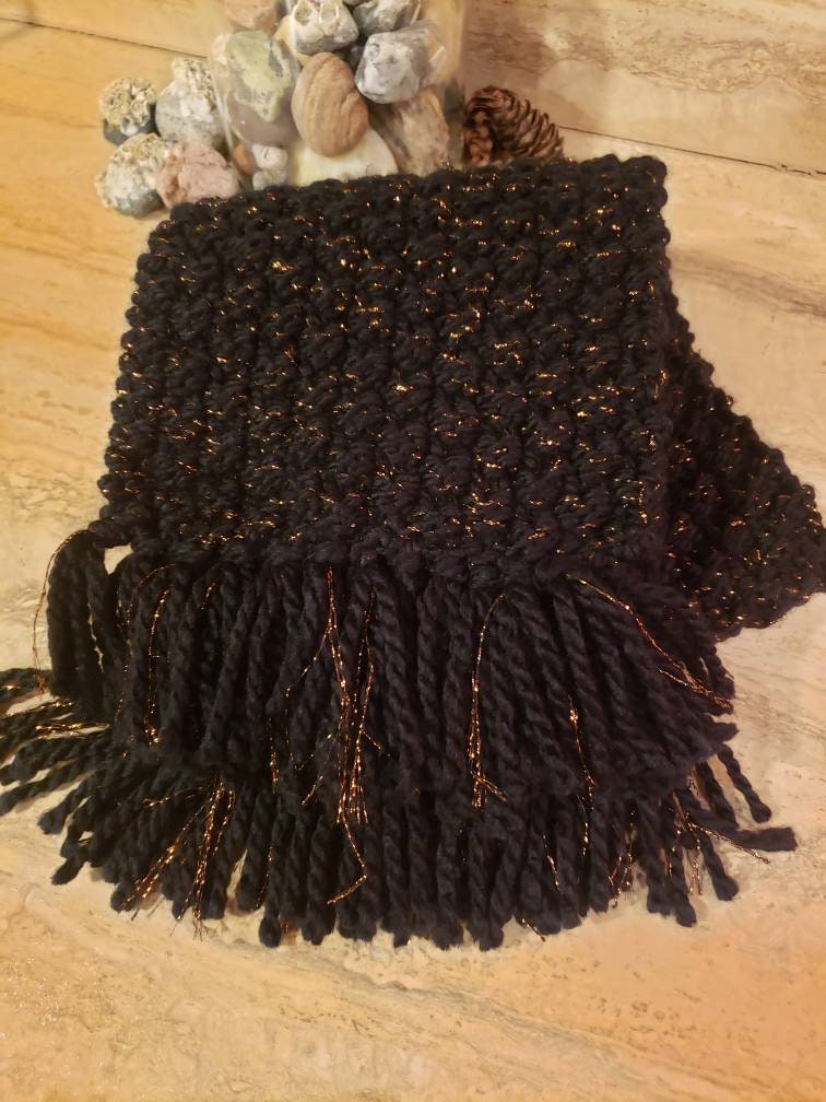 Knitted Black & Copper Scarf With Fringe. Scarf With Fringe. - Etsy