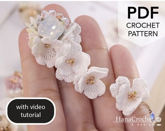 May include: White crochet flower earrings with gold accents. PDF crochet pattern with video tutorial. HanaCrochet & design.