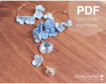 PDF crochet tutorial blue flower dangle earrings - how to make micro crochet jewelry - PDF and video tutorial to make miniature crochet