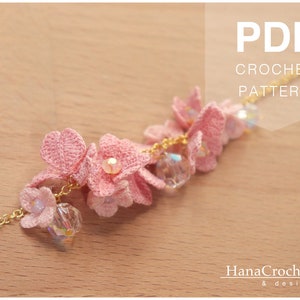 May include: A pink crochet flower bracelet with gold chain and clear crystal beads. PDF Crochet Pattern. HanaCrochet & design.