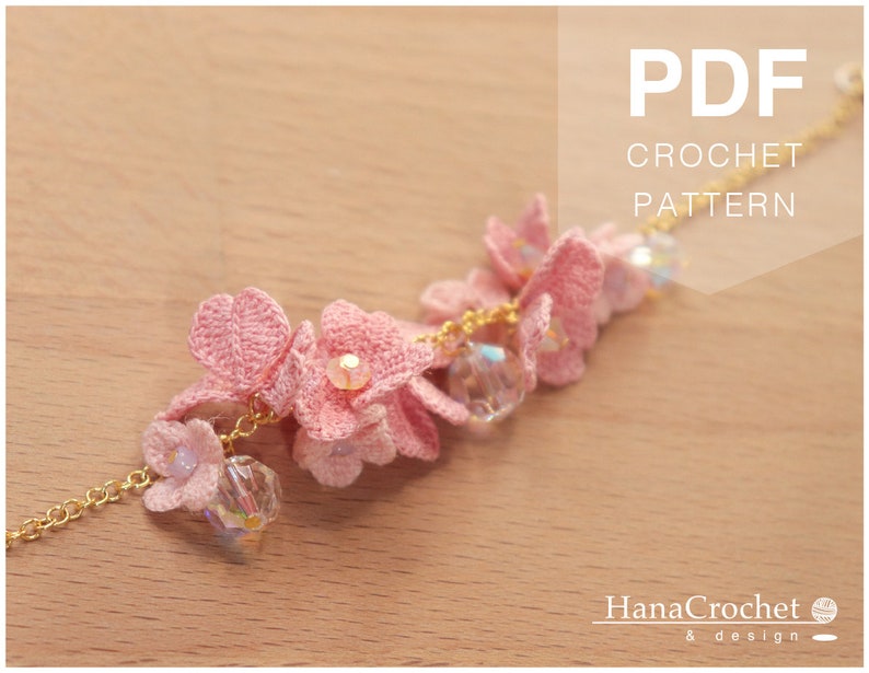 May include: A pink crochet flower bracelet with gold chain and clear crystal beads. PDF Crochet Pattern. HanaCrochet & design.