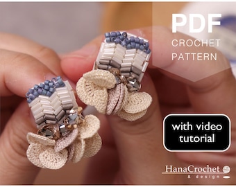 beaded herringbone crochet earrings PDF tutorial - crochet pattern with video tutorial - how to make crochet jewelry step by step guide