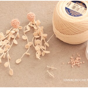 May include: A pair of delicate crocheted earrings with pink bead accents. The earrings are made with a beige crochet thread and feature a cascading design. The image also shows a spool of beige crochet thread, a small container of pink beads, and two earring backs.