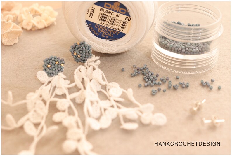 May include: A pair of handmade earrings with delicate white crocheted fringe and blue beaded clusters. The earrings are displayed on a wooden surface with a spool of white DMC Cordonnet Special thread, a small container of blue beads, and two earring backs.