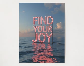 Find Your Joy – Neon Sign Digital Download Poster | Ocean Background Wall Art | Inspirational Printable Quote