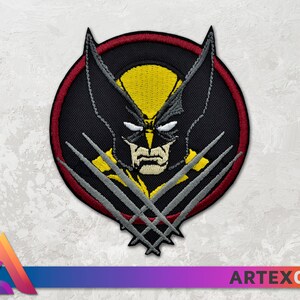 May include: A black and yellow embroidered patch featuring Wolverine's face with his claws in front of him. The patch is surrounded by a red circle with a black background.