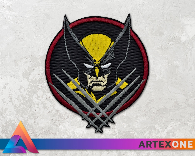 May include: A black and yellow embroidered patch featuring Wolverine's face with his claws in front of him. The patch is surrounded by a red circle with a black background.