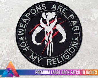 Mythosaur - Weapons Are Part of my Religion Crest Emblem Iron-on Embroidery Patch, LARGE BACK PATCH, 10 inches