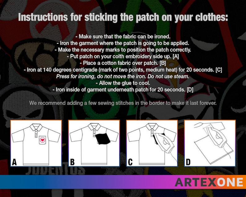 May include: Instructions for applying an iron-on patch to clothing. The instructions include four steps with illustrations showing how to position the patch, iron it, and press it. The text includes the phrase "ARTEXONE".