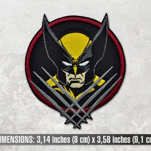 May include: Embroidered patch featuring Wolverine, a popular comic book character, with his signature claws. The patch is circular with a red border and a black background. The patch measures 3.14 inches by 3.58 inches.