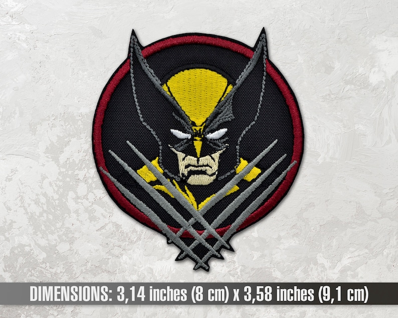 May include: Embroidered patch featuring Wolverine, a popular comic book character, with his signature claws. The patch is circular with a red border and a black background. The patch measures 3.14 inches by 3.58 inches.