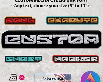 Custom Text Patch, Personalized Gift | Mecha Cyberpunk Font Text Embroidered Name Tag | Large Back, Hook Fastener