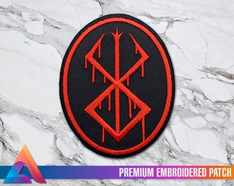 May include: Red embroidered patch with a black background. The patch features a stylized symbol with dripping blood. The text "PREMIUM EMBROIDERED PATCH" is printed below the patch.