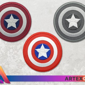 May include: Three embroidered patches featuring a red, white, and blue circle with a white star in the center, a gray circle with a white star in the center, and a white circle with a blue star in the center.
