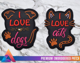 I Love Dogs, I love Cats Iron-on Embroidered Patch (animal lovers)