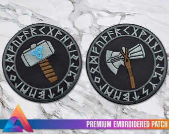 Nordic Mighty Thor's Mjolnir and Stormbreaker Runes Embroidered Iron-on Patch