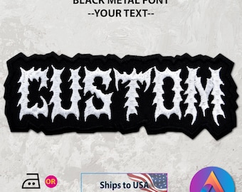 Custom Embroidered Black Metal Name Patch, Personalized Gift, Big Back Patch Size up to 11 inches (Iron-On, Hook Fastener)