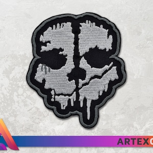 May include: A black and white embroidered patch featuring a skull with a dripping effect. The skull is outlined in black and the details are in white.