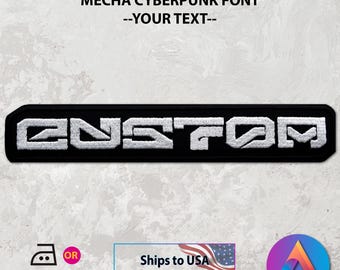 Parche grande personalizado bordado con nombre de mecha cyberpunk - Nombre/logotipo con fuente futurista (3-8 letras, termoadhesivo/con cierre de velcro)