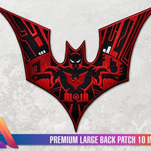 May include: Red and black embroidered patch of the Batman symbol with a stylised Batman figure inside. The patch is 10 inches wide and says "PREMIUM LARGE BACK PATCH 10 INCHES" at the bottom.