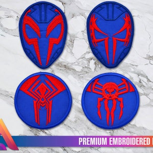 May include: Four embroidered patches featuring different designs from the Spider-Man: Into the Spider-Verse movie. The patches are circular and have a blue background with red embroidery. The designs include a spider symbol, a skull, and two different versions of Spider-Man's mask.