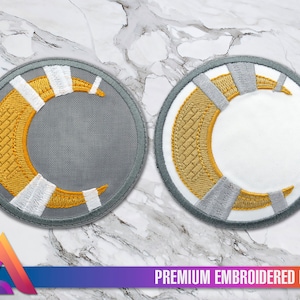 May include: Two embroidered patches featuring a crescent moon design. The left patch has a grey background with a yellow crescent moon. The right patch has a white background with a yellow crescent moon.