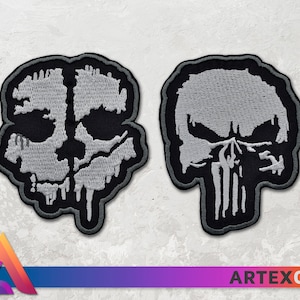 May include: Two embroidered iron-on patches featuring skull designs. The first patch is a grey skull with dripping details on a black background. The second patch is a grey skull with a white outline on a black background.