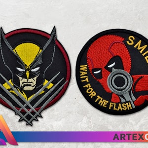 May include: Two embroidered patches, one featuring Wolverine with his claws extended and the other featuring Deadpool with a gun and the text "Smile Wait for the Flash".