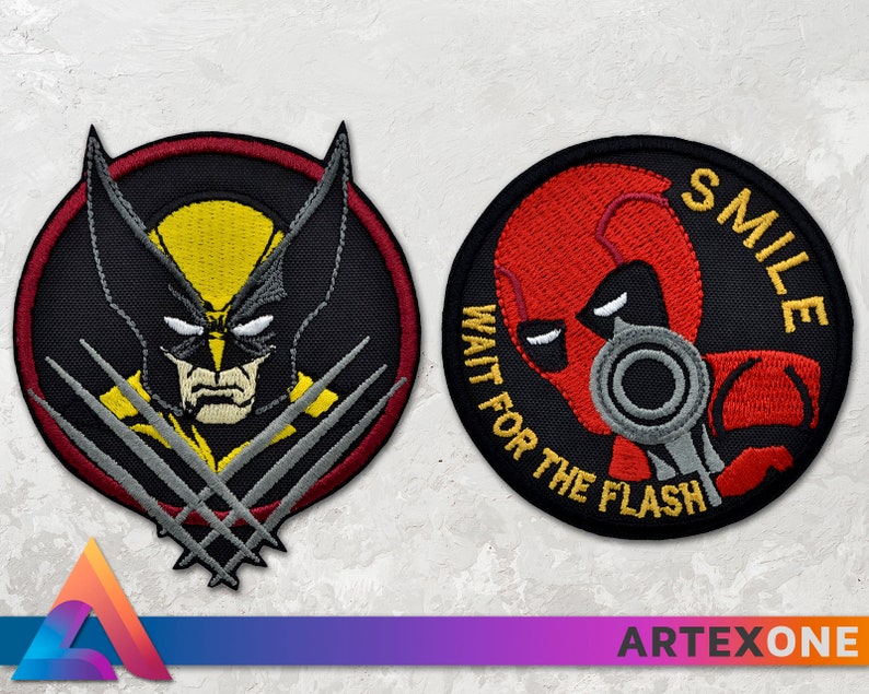 May include: Two embroidered patches, one featuring Wolverine with his claws extended and the other featuring Deadpool with a gun and the text "Smile Wait for the Flash".