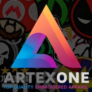 May include: A colorful triangle logo with the text "ARTEXONE" and the phrase "TOP QUALITY EMBROIDERED APPAREL" below it. The logo is surrounded by various embroidered patches, including a skull, a mushroom, a green patch, and a red patch with a black design.