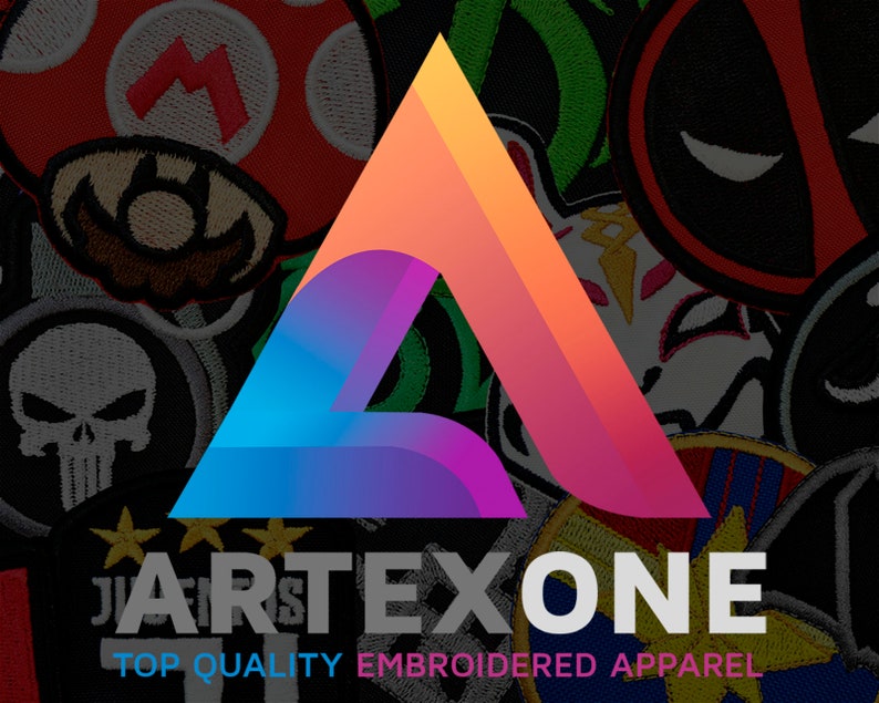 May include: A colorful triangle logo with the text "ARTEXONE" and the phrase "TOP QUALITY EMBROIDERED APPAREL" below it. The logo is surrounded by various embroidered patches, including a skull, a mushroom, a green patch, and a red patch with a black design.