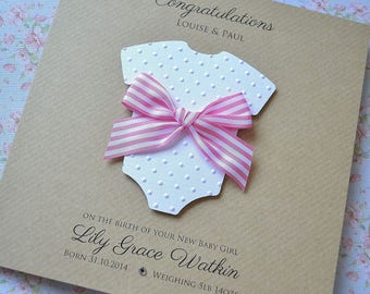 Personalised Baby Girl Card | Ribbon Bow, Baby Grow
