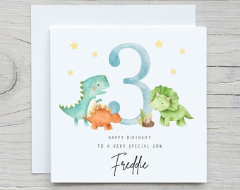 Personalised Dinosaur Birthday Card, Stegosaurus, T-Rex, Triceratops