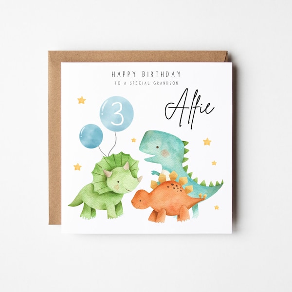 Dinosaur Birthday Card Any Age Personalised, Stegosaurus, T-Rex, Triceratops Grandson, Nephew, Son, Brother, Special little boy